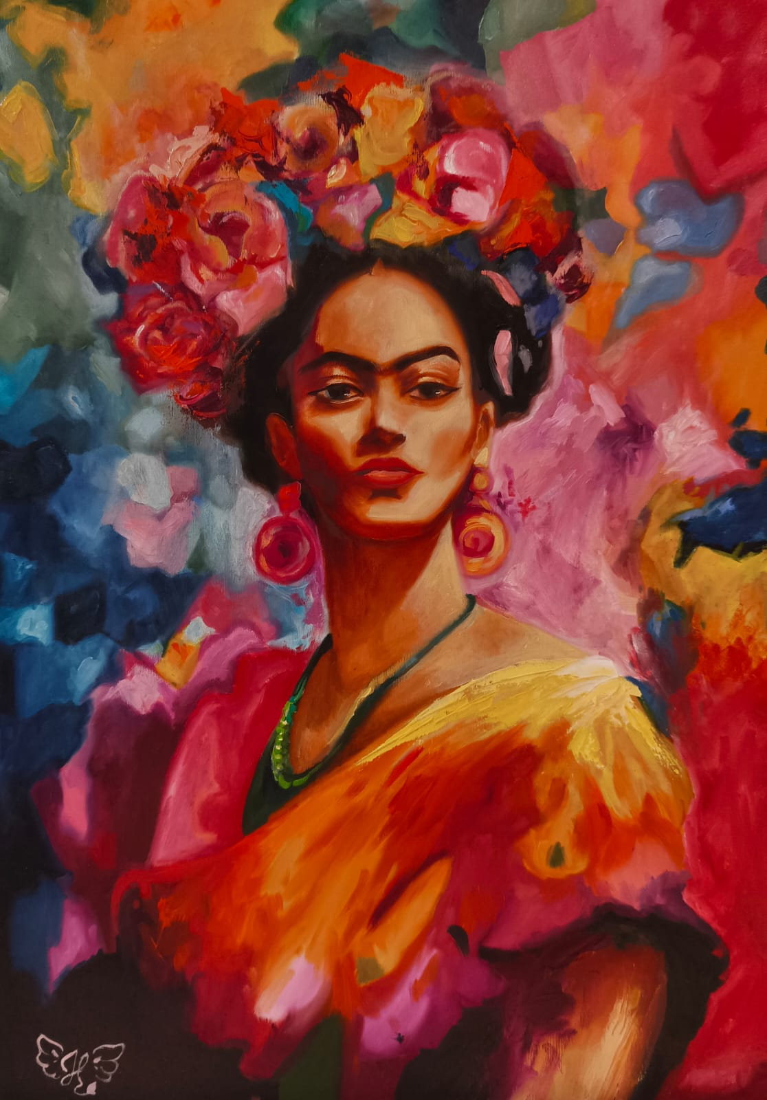 Retrato de Frida Kahlo com coroa de flores e xale colorido