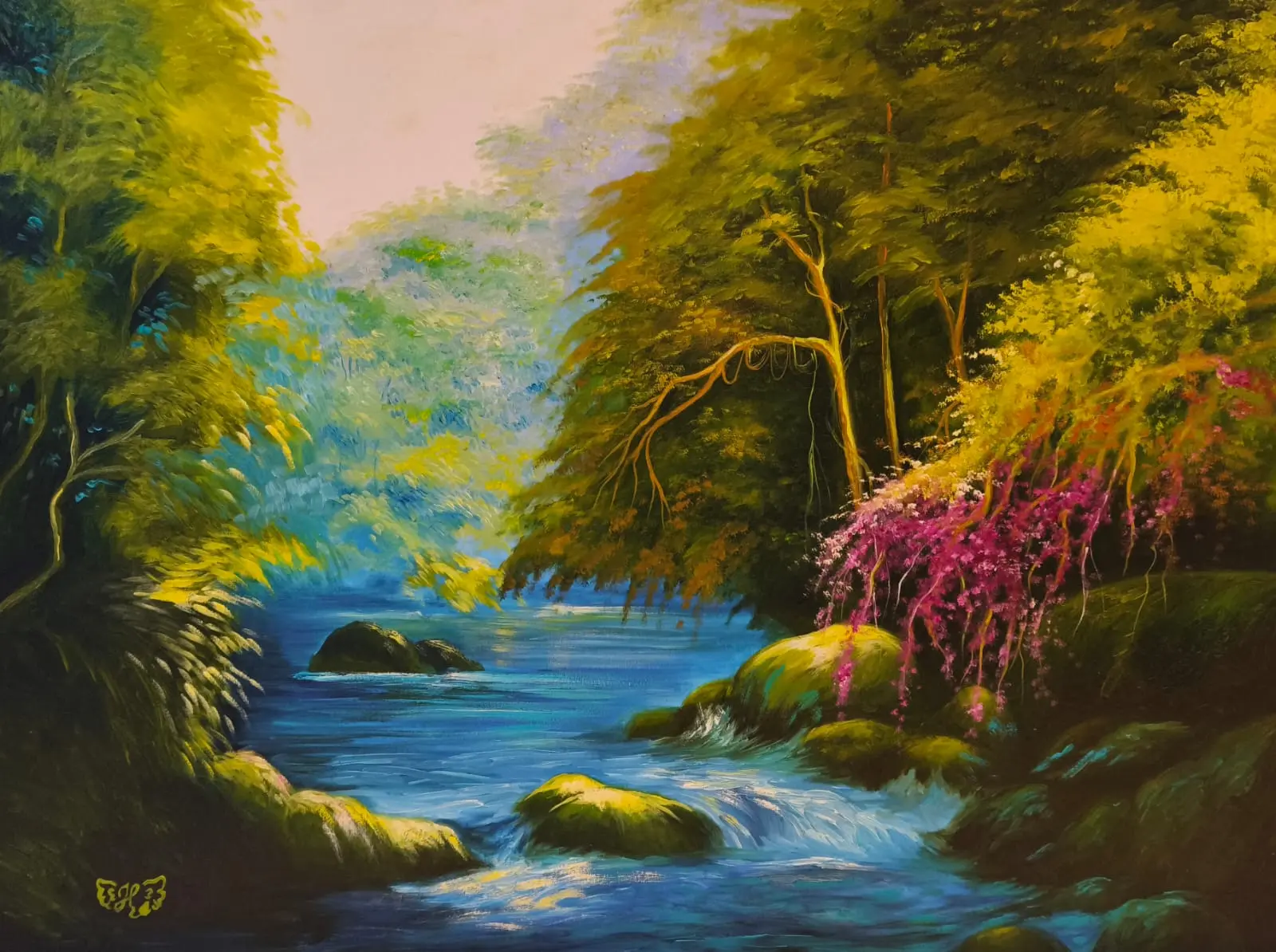 Floresta verde com rio azul e flores lilases caindo de uma árvore