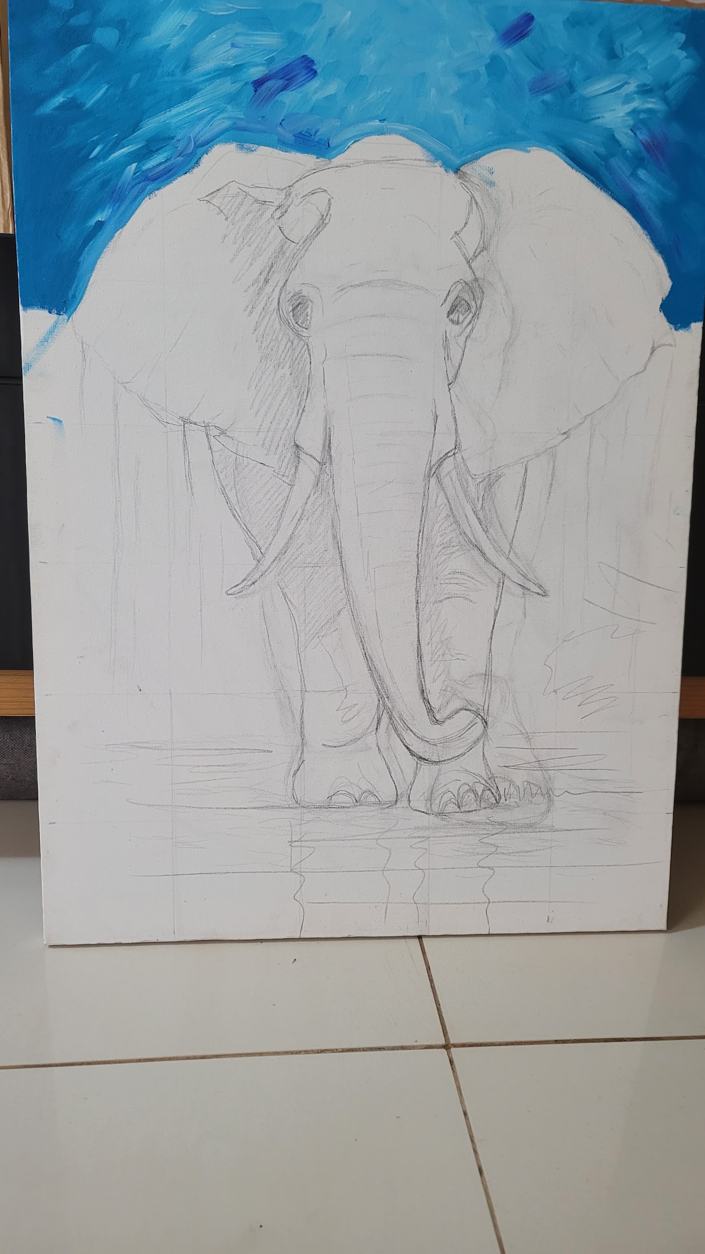 Tela com o céu azul pintado e o elefante ainda em desenho