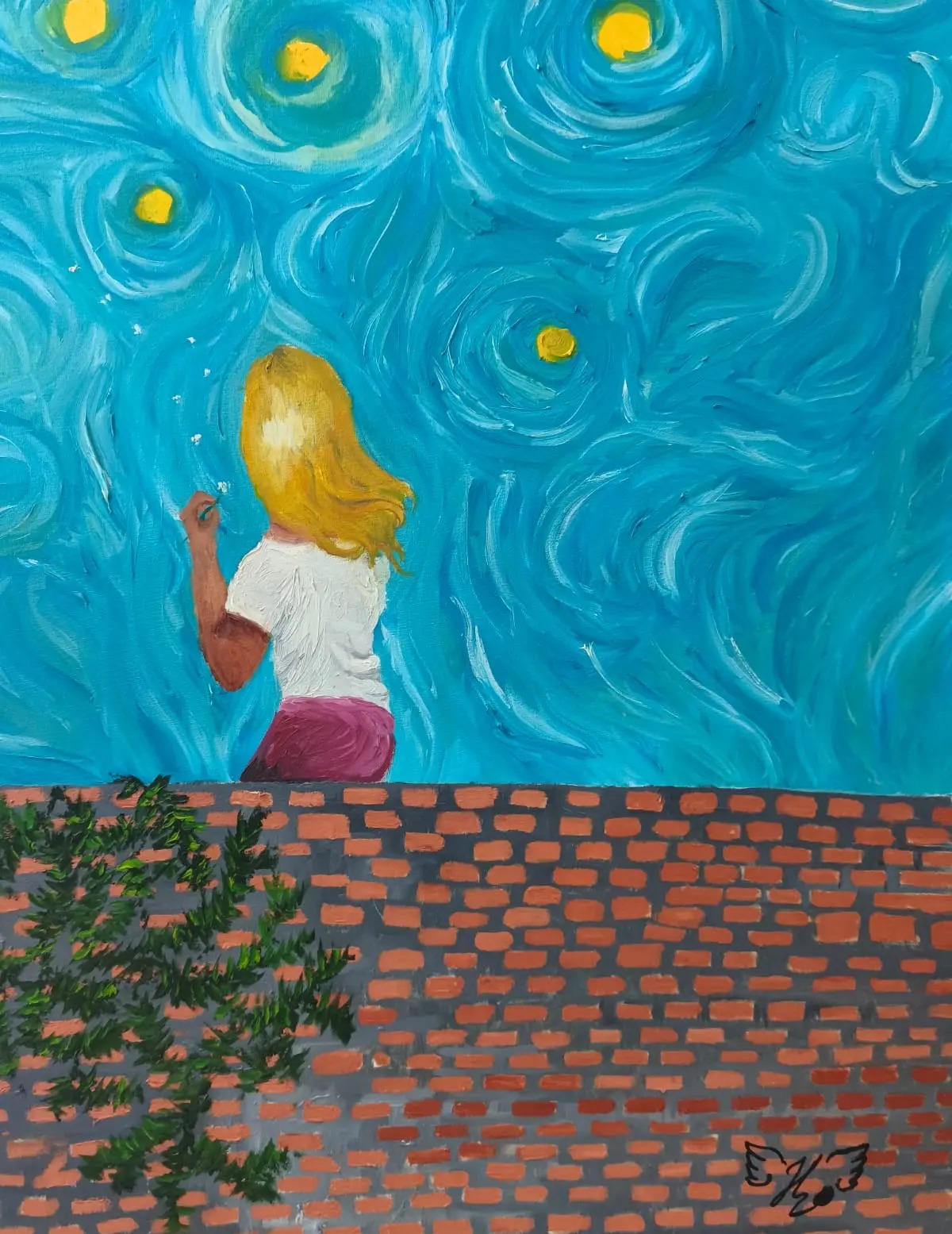 Menina sentada em um muro soprando uma flor-dente-de-leão sob céu azul estrelado